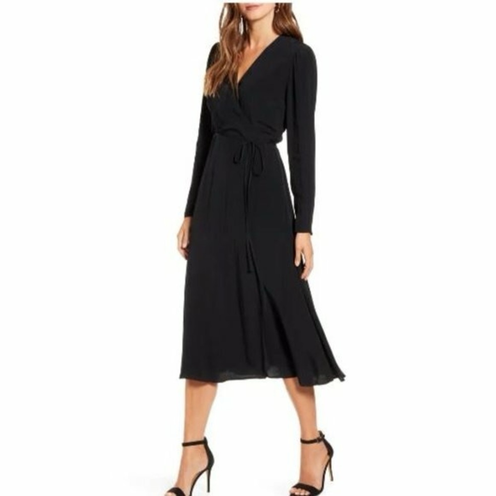 Rachel Parcell Black Wrap Midi Dress XS Long Sleeve Tie Waist Work Wedding Guest